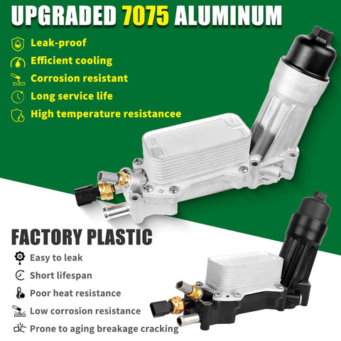 Upgraded aluminum engine oil cooler and oil filter housing adapter for 3.6L V6 engines, showing durability and heat resistance.
