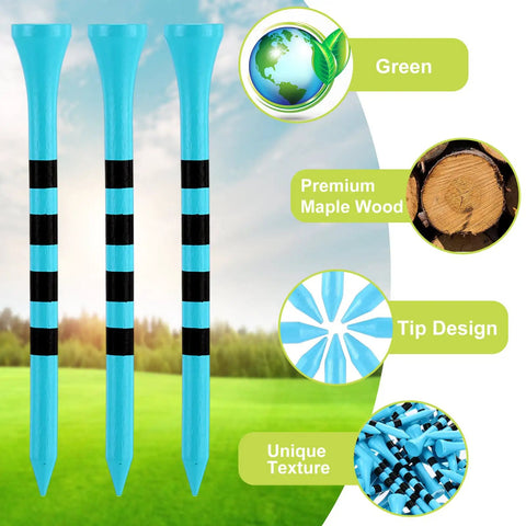 Must Have One Thousand Bulk Golf Tees Pack, Three And A Quarter Inch Wooden Bamboo Tees with lake blue lines, close-up view