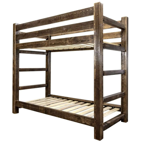 Twin Over Twin Bunk Bed From The Homestead Collection In Stain, Handcrafted In America From Lodge Pole Pine, angled view