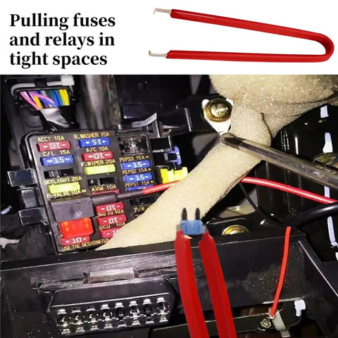 Four Piece Relay And Fuse Puller Set For Tight Spaces tool removing fuse in car fuse box with red handles