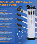 Heavy Duty Manual Oil Extractor Pump With 9L Spill Free Jug for Quick Fluid Drainage, showing parts and specifications.