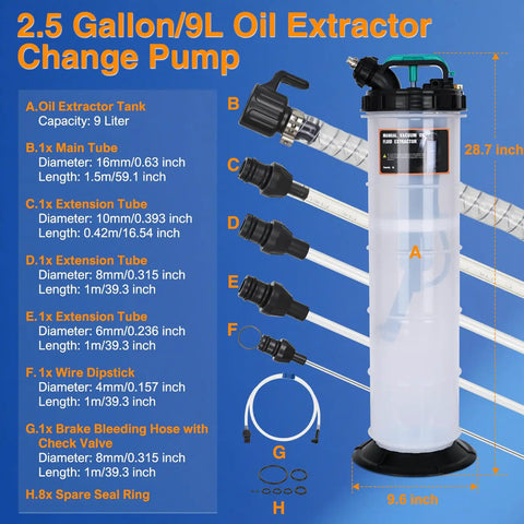 Heavy Duty Manual Oil Extractor Pump With 9L Spill Free Jug for Quick Fluid Drainage, showing parts and specifications.