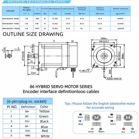 86 hybrid servo motor outline drawings: side and front views with encoder interface cables and wiring diagram.