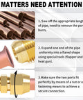 Brass flare tube fittings on copper pipe; shows 1/4" male flare x 1/4" male flare union and assembly steps.