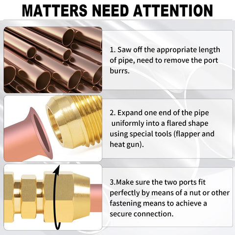 Brass flare tube fittings on copper pipe; shows 1/4" male flare x 1/4" male flare union and assembly steps.