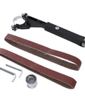 Solid Quality Belt Sander Adapter For Angle Grinders, 100 mm metal handle, sanding belts, and assembly tools.