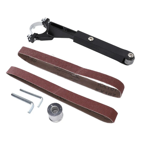 Solid Quality Belt Sander Adapter For Angle Grinders, 100 mm metal handle, sanding belts, and assembly tools.