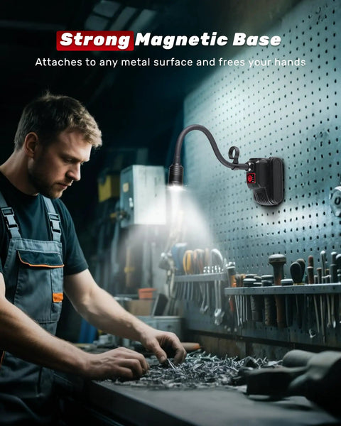 Man using Magnetic Gooseneck Work Light With 4400mAh Rechargeable Battery, 1000 Lumen LED For Workbench, Lathe, 3 Modes, Black.