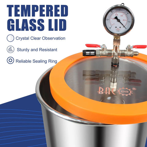 BACOENG 3-Gallon vacuum chamber with tempered glass lid, stainless steel body, gauge, and pump fittings