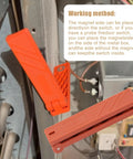 Furnace Interlock Switch Clip For HVAC Controls in orange nylon with magnets shown installed on a metal panel