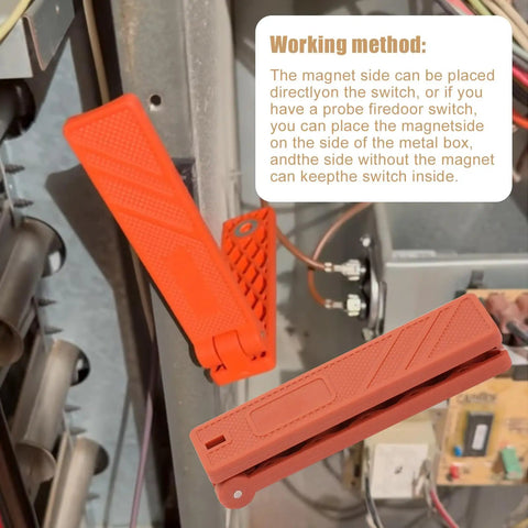 Furnace Interlock Switch Clip For HVAC Controls in orange nylon with magnets shown installed on a metal panel