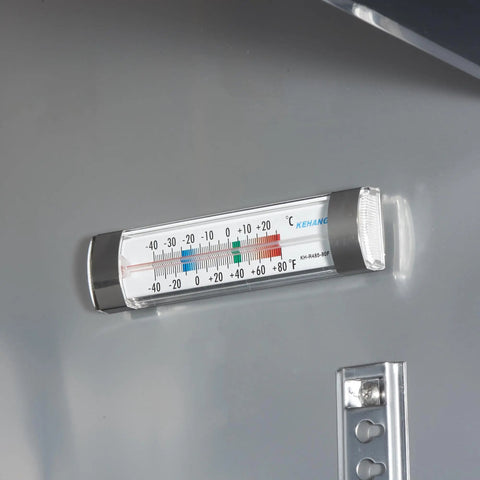 Workhorse Grade 27 Inch Commercial Freezer 23 Cubic Foot Reach In Upright Cooler thermometer mounted inside.