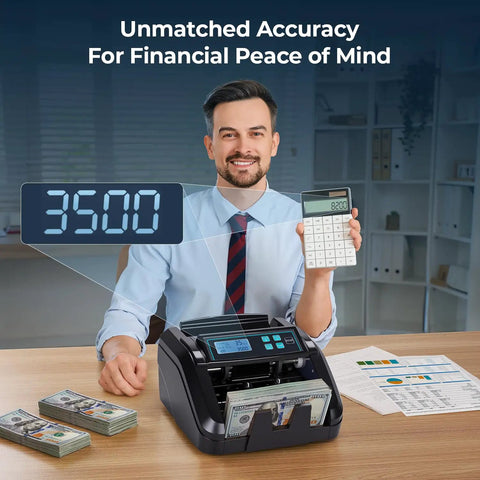 Cashier using Value Counting Money Counter For Cashiers, Boss Level Speed At 1100 Bills Per Minute, showing LCD and calculator.