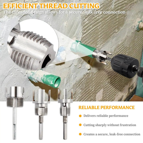 Close-up of All In One Dual Function Pipe Thread Cutter Kit For Half Inch Three Quarter Inch And One Inch PVC Pipes in use with drill