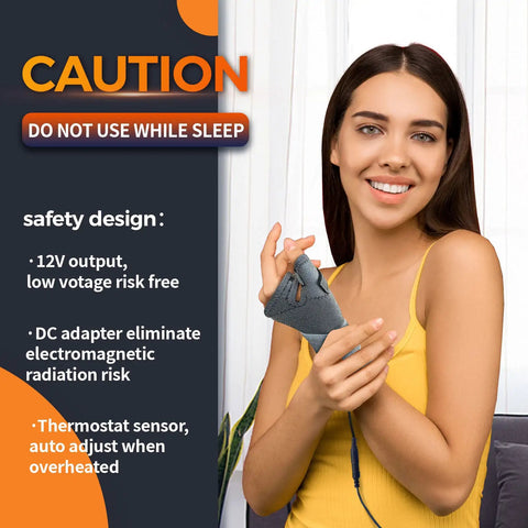 Woman using Electric Thumb And Wrist Heating Pad For Hand Arthritis And Carpal Tunnel Relief with caution and safety info displayed