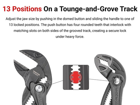 Two Piece Pliers Set Featuring 10 Inch Angle Nose Push Button Adjustable Pliers Wrench, Quick Jaw Adjustments, Domed Button And Four Teeth Tongue Groove Track
