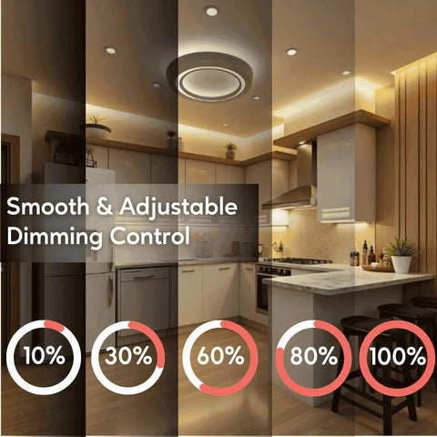 150 Watt Dimmable Halogen Lamp Transformer with different lighting levels in a modern kitchen setting, showing dimming control.