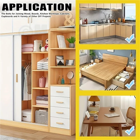 Various DIY furniture projects showcasing Dope 3 In 1 Cam Lock Fasteners And Connectors for assembly with dowels, screws, nuts.