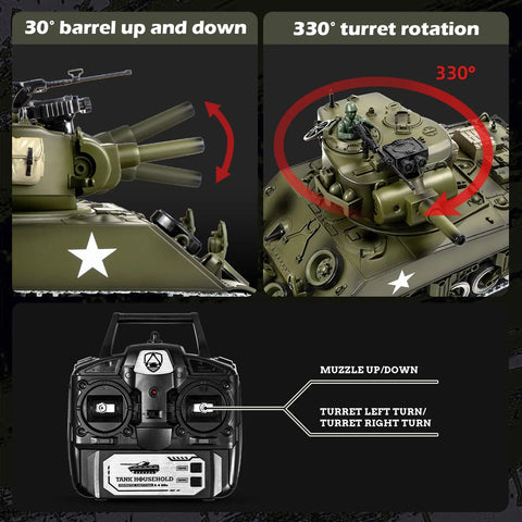 One Eighteen Scale Alloy M4A3 Sherman RC Tank With Smoke, Sound, LED Lights And Recoil showing barrel and turret rotation with remote