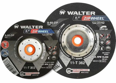 Zip Wheel Cut-Off Wheel For Metal, Spin-On 4-1/2 In X 3/64 In X 5/8-11 Hub, Pack Of 25, shown with Walter branding
