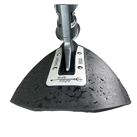 Hd300 Sport Whale Tail Hydrofoil Stabilizer for 40-350HP boat outboards, black material with silver plate, close-up