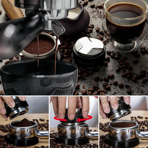 Close-up of a 53mm Adjustable Coffee Distributor And Tamper for 54mm Breville Portafilter Baskets during espresso preparation.