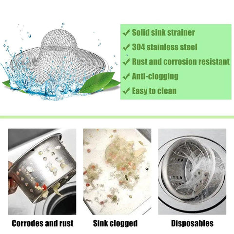 Heavy Duty Stainless Steel Mesh Sink Strainer Set Of Ten, Precision Bottomless Hair And Gunk Catcher Filter For Kitchen Bath Shower And Floor Drains, solid strainer in use catching food scraps.