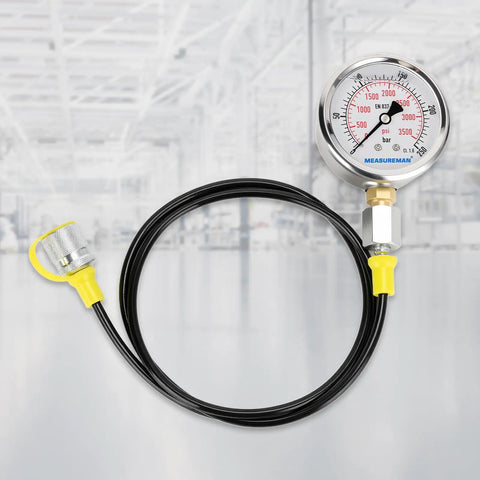 Hydraulic Test Gauge Kit With Three Gauges 0 To 250 Bar 0 To 400 Bar 0 To 600 Bar, depicted with a gauge and black hose, ideal for heavy machinery