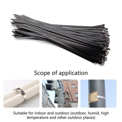 Bundle of 100 black stainless steel cable ties for farms, pipes, and roofs