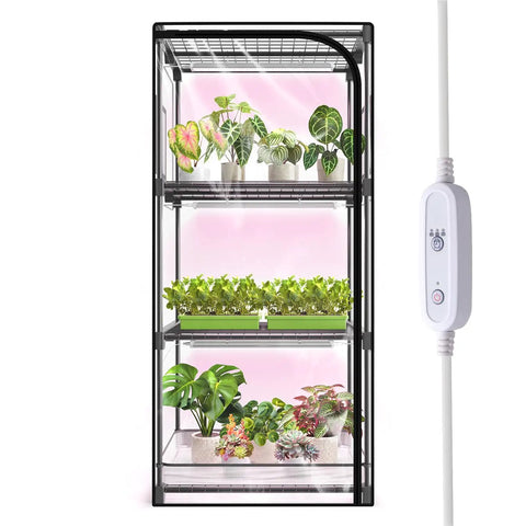 Indoor Greenhouse With Grow Light For Seed Starting, 4-Tier Plant Stand In A Zippered PVC Tent With Vent Window And Bottom Pouch, 20W Full Spectrum