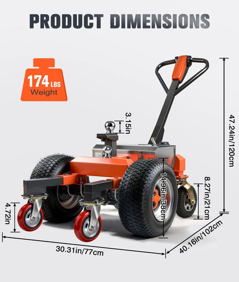 Heavy Duty Electric Trailer Dolly 800W Motor, 48V Lithium Battery Power, 7500 Lbs Cap, Product dimensions with measurements.