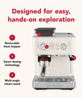 Semi Automatic Espresso Machine With Built In Burr Grinder And Smart Dosing Tech For Smooth One Or Two Shot Pulls Sturdy Metal Body In Porcelain White with removable bean hopper and multi-angle steam wand.