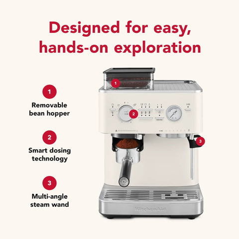 Semi Automatic Espresso Machine With Built In Burr Grinder And Smart Dosing Tech For Smooth One Or Two Shot Pulls Sturdy Metal Body In Porcelain White with removable bean hopper and multi-angle steam wand.