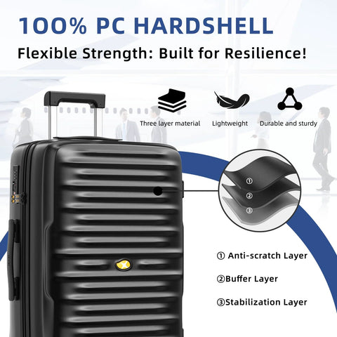 SERABETTO black hard-shell luggage front view with TSA lock, retractable handle, and three-layer anti-scratch PC shell
