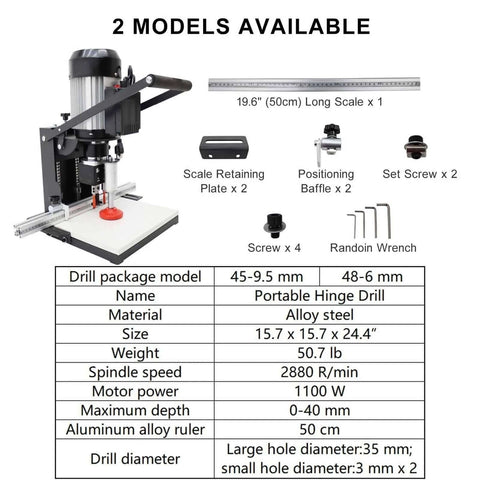 Electric hinge drilling machine with 19.6-inch scale, dual set screws, for wood boring