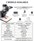 Portable hinge drilling machine with 50 cm ruler and base guide; two models: 45-9.5 mm and 48-6 mm.