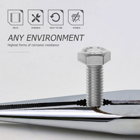 20 Piece M6 Stainless Steel Hex Bolts And Nuts Kit with 16mm carriage bolts on metal clamp with corrosion resistance text