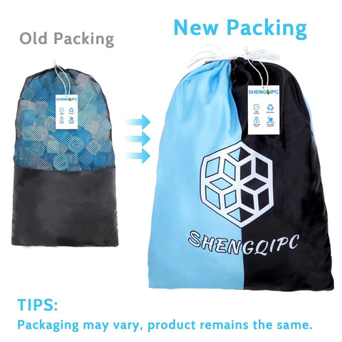 Comparison of old and new packaging for 360 Pack Reusable Ice Cubes For Camping And Ice Baths, 12 Lb Set
