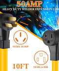 10 Foot 50 Amp Welder Adapter Cord From 10 50P Male To 6 50R Female For Welding Machines And Plasma Cutters, 50AMP heavy-duty extension