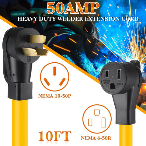 10 Foot 50 Amp Welder Adapter Cord From 10 50P Male To 6 50R Female For Welding Machines And Plasma Cutters, 50AMP heavy-duty extension