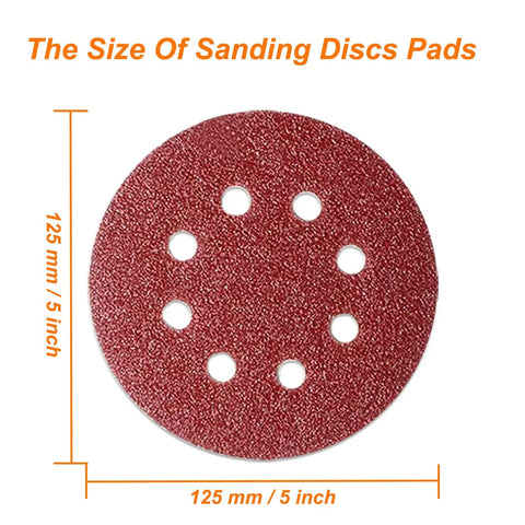 50 Pcs 125mm 8 Holes Sanding Discs And Pads 5 Inch 40 Grit Hook And Loop Sandpaper Sheets For Random Orbital Sander dimensions