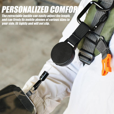 Heavy Duty Retractable Keychain With Waist Hanging Design shown on a jacket with 60cm wire rope holding a phone securely.