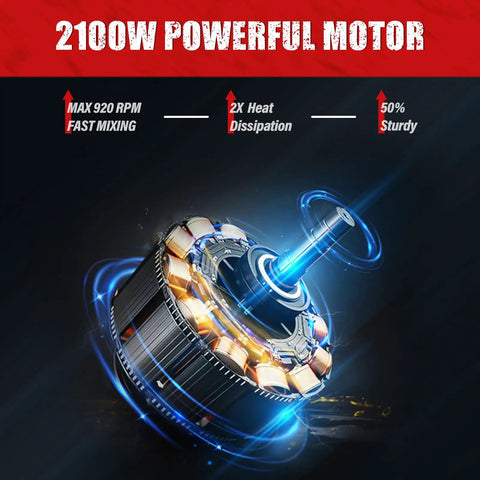 Illustration of 2100W motor for Beast 2100W Electric Cement Mixer With 6 Speed Settings, showcasing heat dissipation and durability features