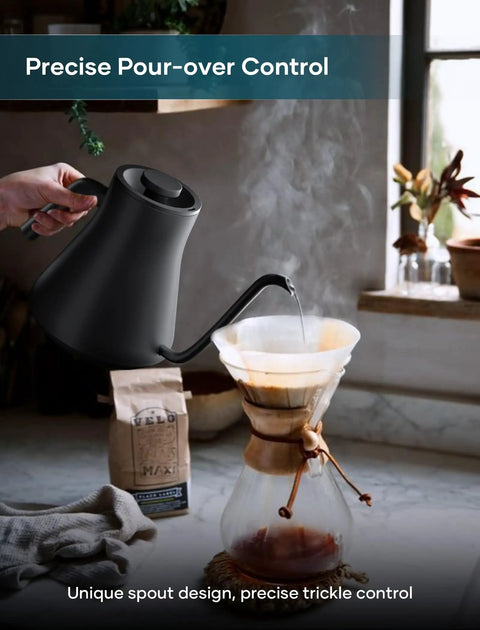 Person using black Gooseneck Electric Kettle With Precision Temperature Control And Stainless Steel Interior, 0.9L Capacity