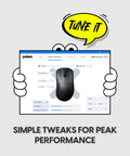 Featherweight Optical Gaming Mouse With Slick Ergonomic Frame Ultra Low Latency Tracking For Crisp Aim shows its tuning software interface.