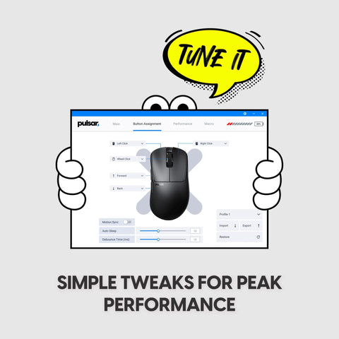 Featherweight Optical Gaming Mouse With Slick Ergonomic Frame Ultra Low Latency Tracking For Crisp Aim shows its tuning software interface.