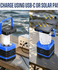 Go-To Solar Rechargeable Lantern For Camping And Hiking, 1000 Lumen LED Light With 5 Modes shown charging via USB-C