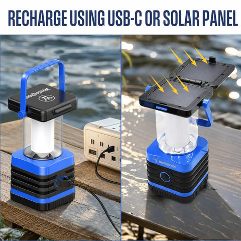 Go-To Solar Rechargeable Lantern For Camping And Hiking, 1000 Lumen LED Light With 5 Modes shown charging via USB-C