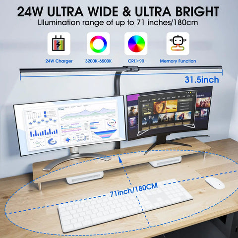 Ultra Wide 31 Point 5 Inch LED Desk Lamp With Double Heads And Clamp 24W Eye Caring Architect Light Featuring 5 Color Modes, shown on desk