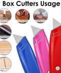 12 Pcs Retractable Professional Box Cutters Heavy Duty Aluminum Alloy Utility Knife Set With Three Color Options Blue Red Magenta For Warehouse Office Home DIY Projects, shown cutting boxes, leather, cloth, plastic, wood, and paper